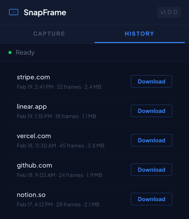 SnapFrame recording history