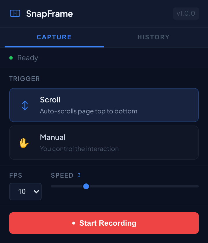 SnapFrame extension popup showing capture controls